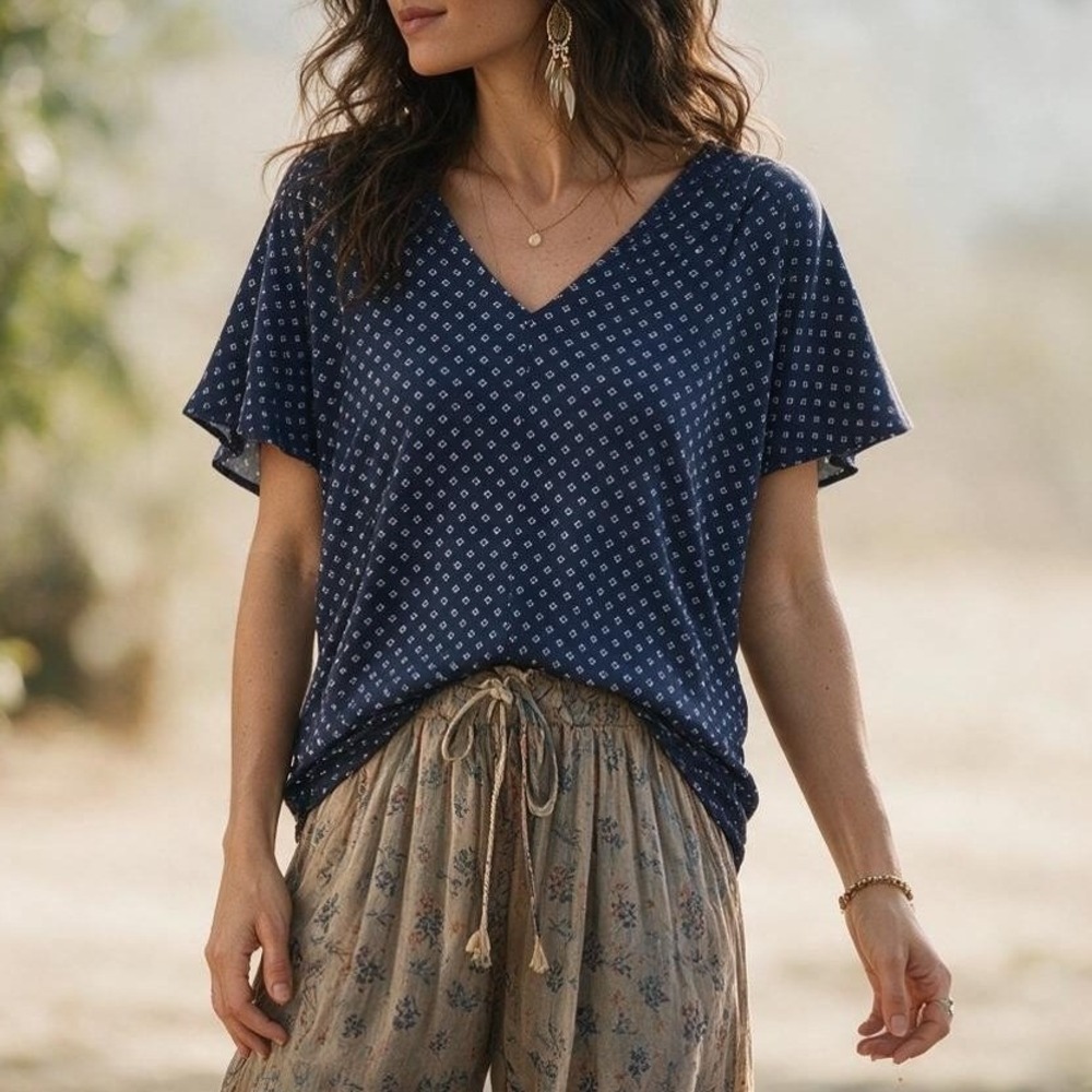 Liz Claiborne Navy Blue Geometric Flutter Sleeve Blouse Top L Preppy Chic Work